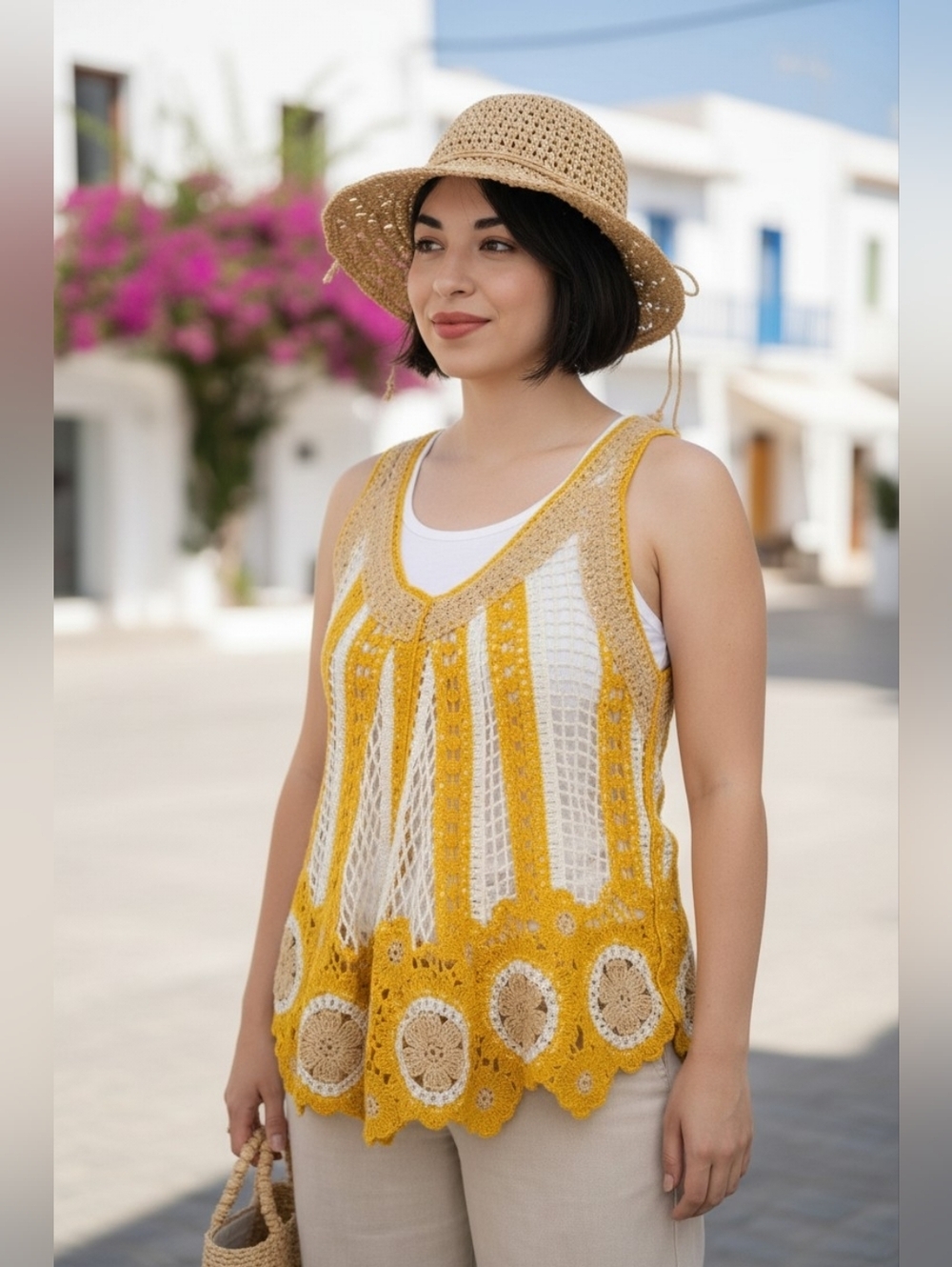 POL Yellow V-neck Scalloped Edge Crochet Lace Open Knit Tank Top